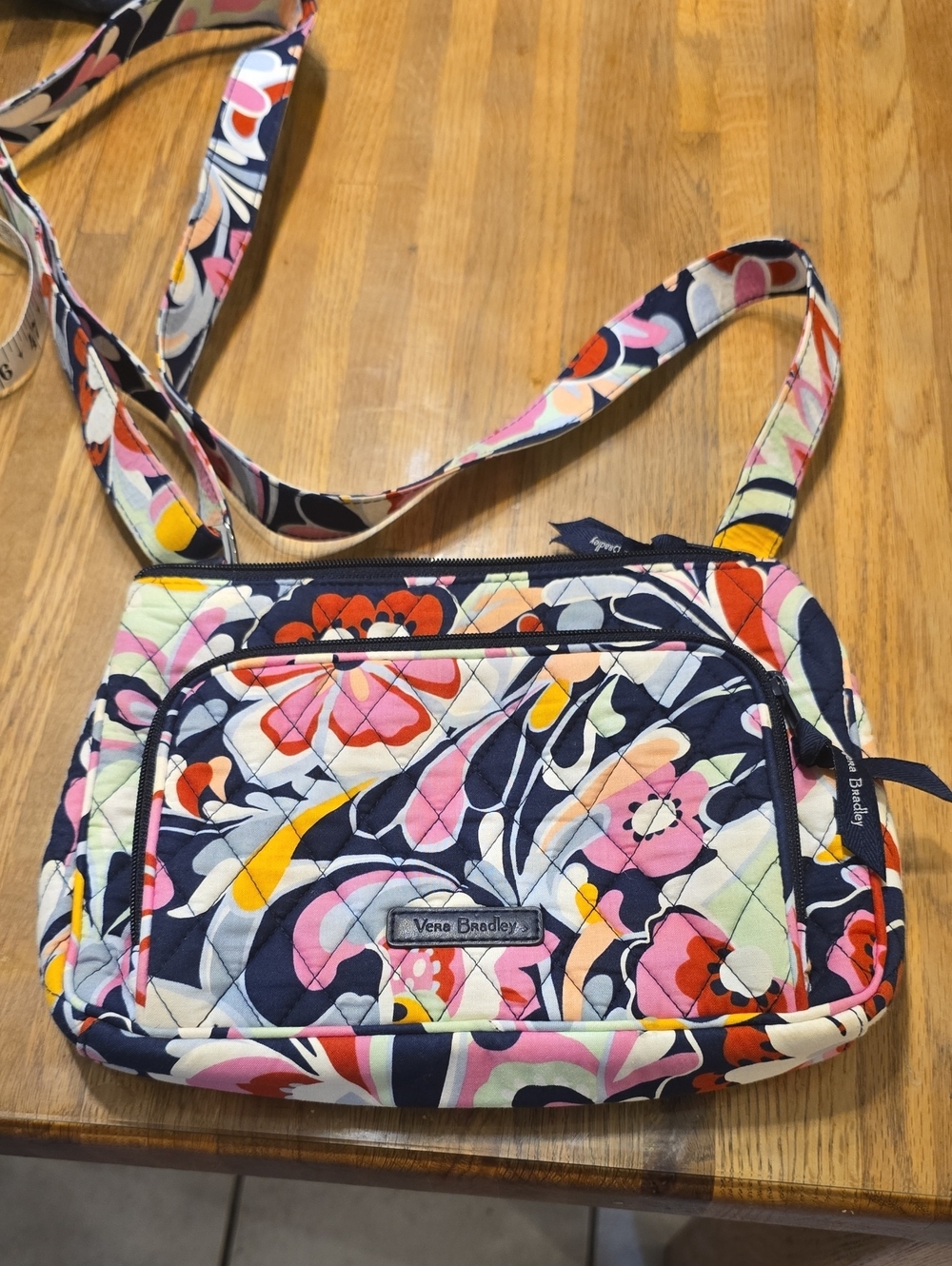 Vera Bradley Quilted Floral Crossbody — Navy with Pink, Yellow & Orange Accents